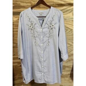 Catherine Pinstripe Floral Embroidered Tunic Blue Pinstripe Relaxed Cottage